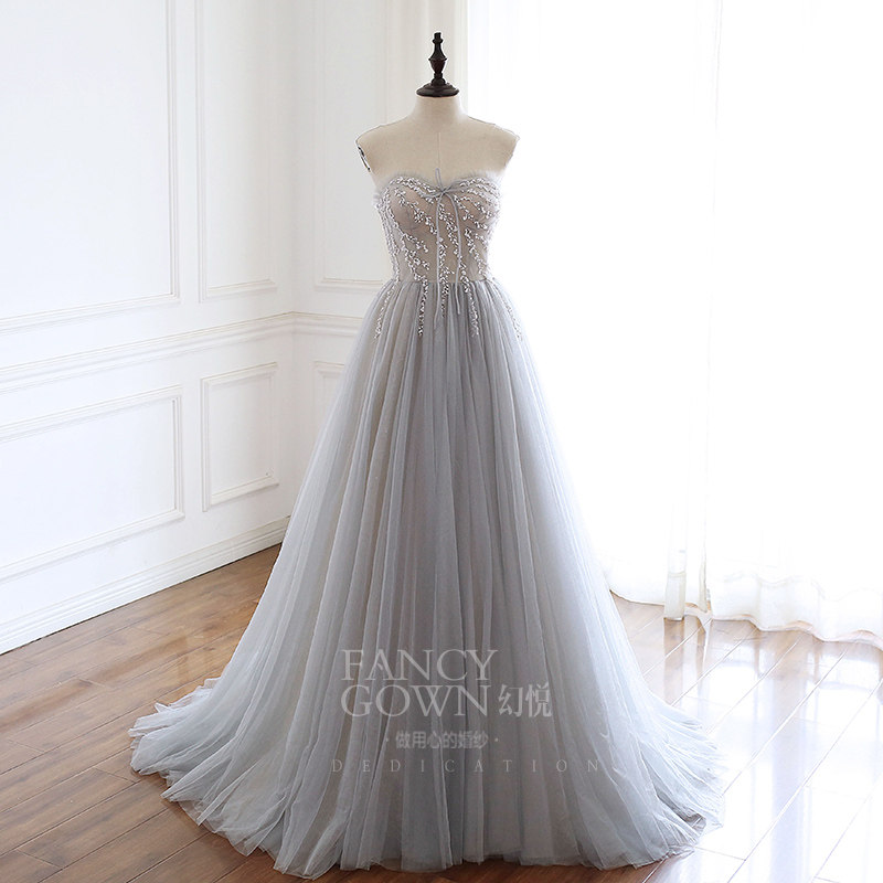 Hallucinox-Cloves-Tropes-Lined Shoulders Light Grey Blue Long Version Female Tug Tail Yarn A Dress Light Wedding Dresses Fairy Evening Toast Gown