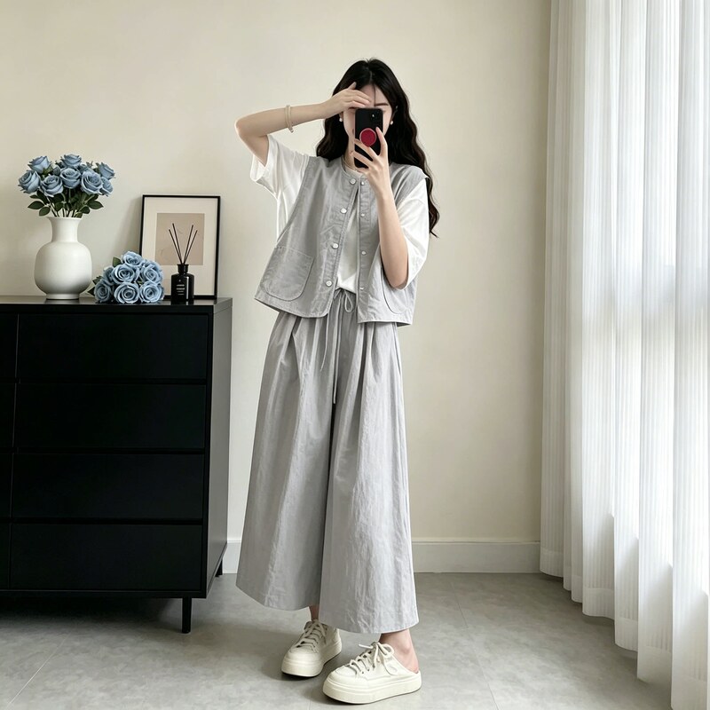 2026 Summer New Women's Sleeveless Vest and Wide-Leg Pants Two-Piece Set, Plus Size, Loose and Versatile for Commuting Wear 2026 Summer New Women's Sleeveless Vest and Wide-Leg Pants Two-Piece Set, Plus Size, Loose and Versatile for Commuting Wear