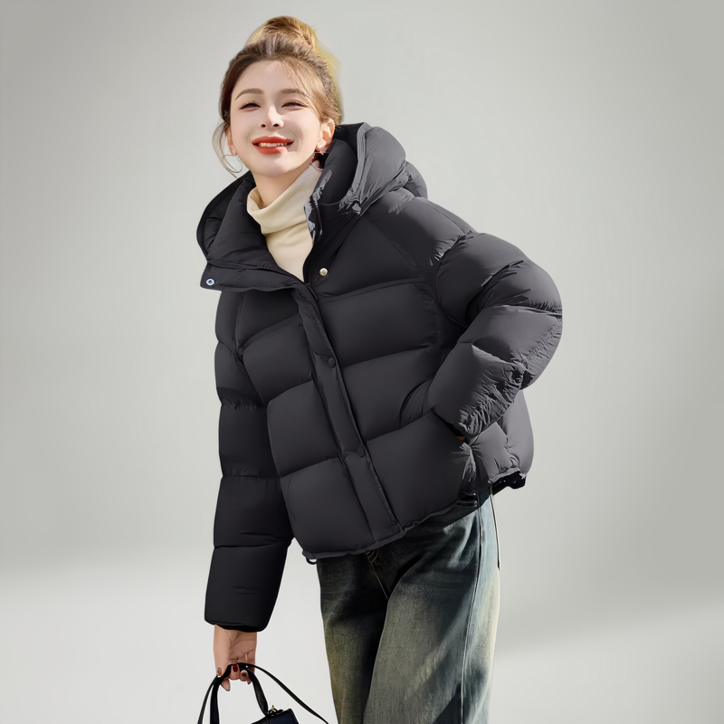 Korean Style Black Hooded Puffer down Jacket for Women, Winter Plus Size Loose Fit, Slimming and Warm Cotton Coat