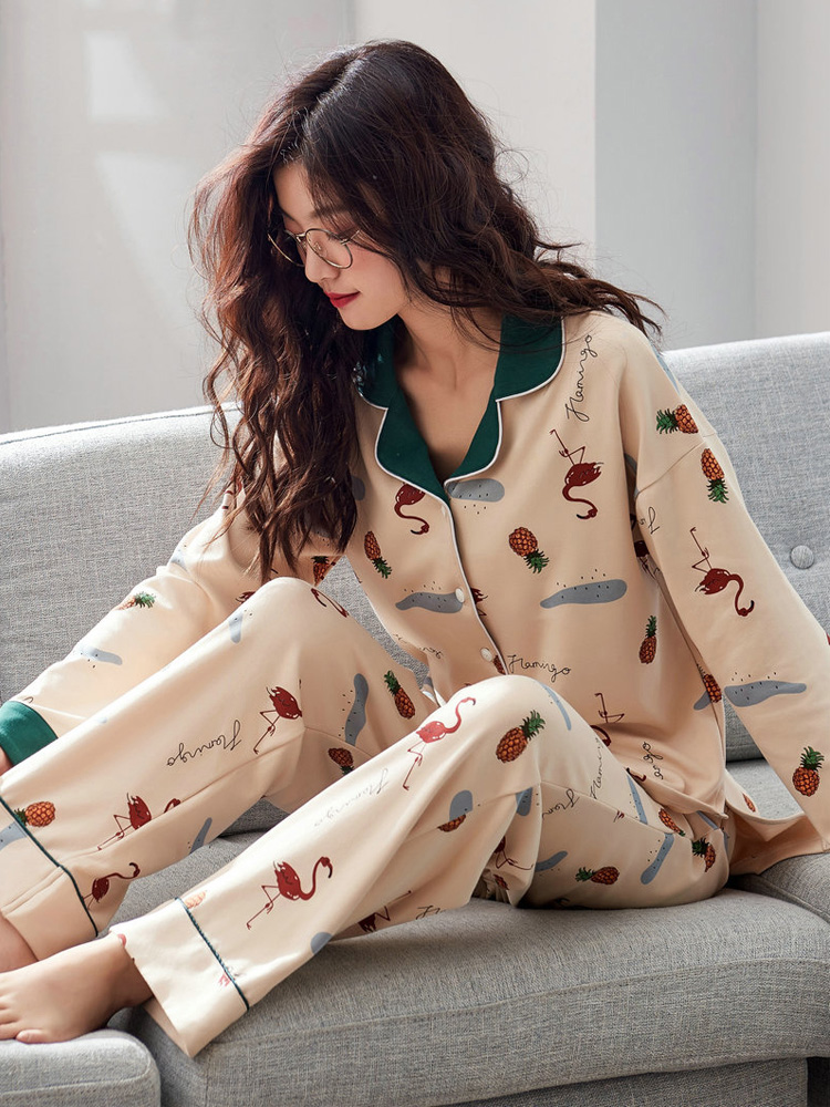 Pure Xi pajamas women's spring and autumn long-sleeved cotton autumn and winter home clothes Women's summer thin sweet cute two-piece suit