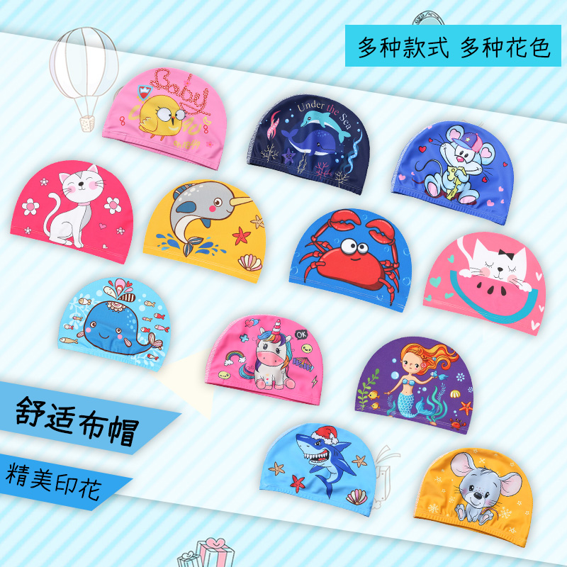 Child Bathing Cap Fabric Cute Cartoon Hat Printed Cloth Cap Without Lehead Baby Boy Girl Comfort Swim Cap