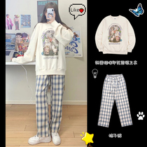 Port Wind Retro Chic Casual Fashion Small pair with High Fried Street Sweatshirt Broadlegged Pants Two Suits Womens Autumn