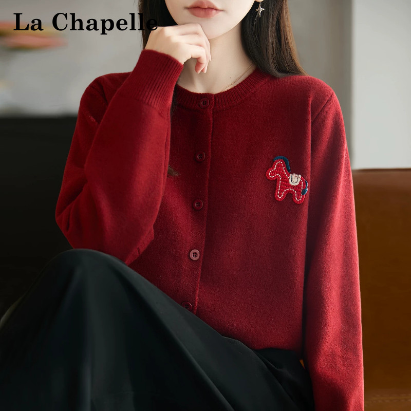 La Chapelle Zodiac Year Clothing with Pony Pattern Knitted Cardigan for Women, Spring and Autumn Fashion, Plus Size, Autumn and Winter Red Sweater