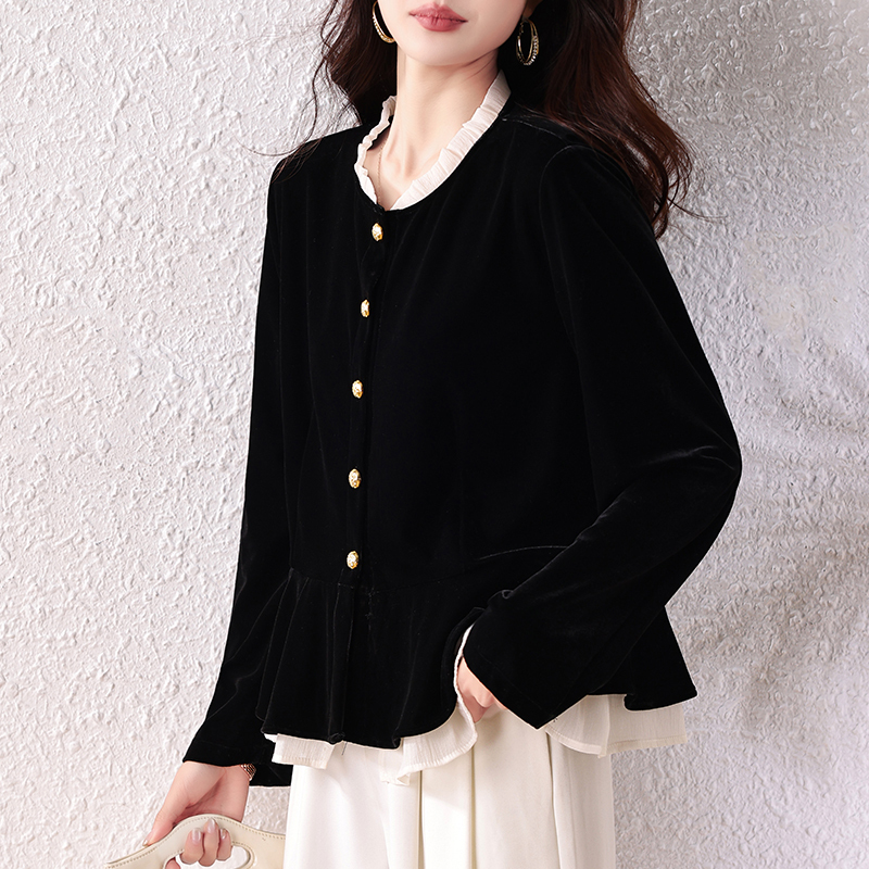 September Momo French-Style Black Velvet Shirt for Women 2026 Spring New Ruffled Blouse Light Luxury High-End Top