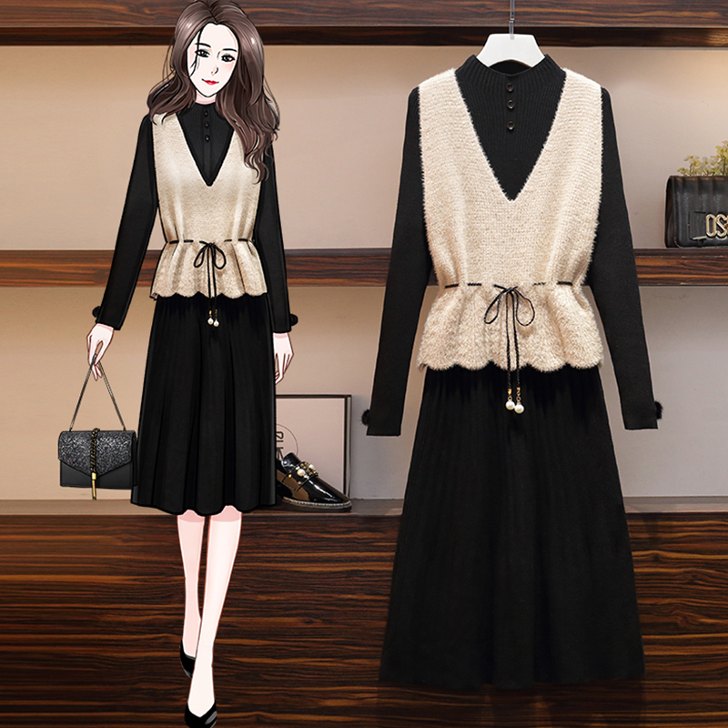 2022 Spring Autumn New Middle Ages Big Size Women Dress Fat Moms Fashion Interior Lap Dress Knit Horse Chia Suit Skirt Woman