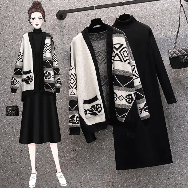 Middle-aged large size women's autumn and winter new slim sweater cardigan coat knitted dress fat mother two-piece suit