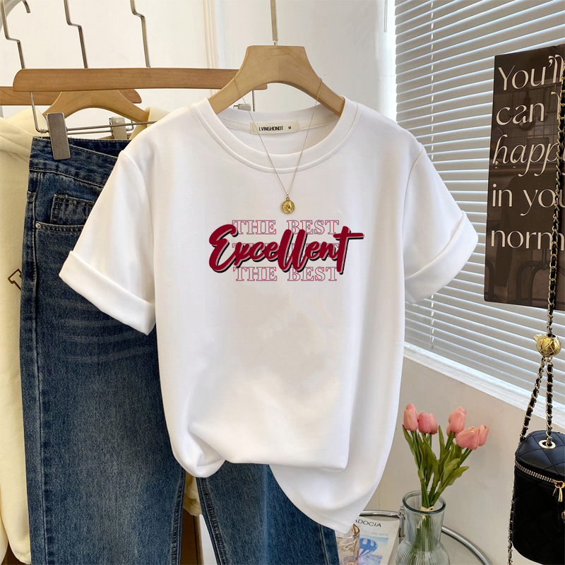 Spring and Autumn American Retro Simple Letter Print Brushed Short-Sleeve T-Shirt for Women, Sweet, Loose, Fashionable and Versatile Top