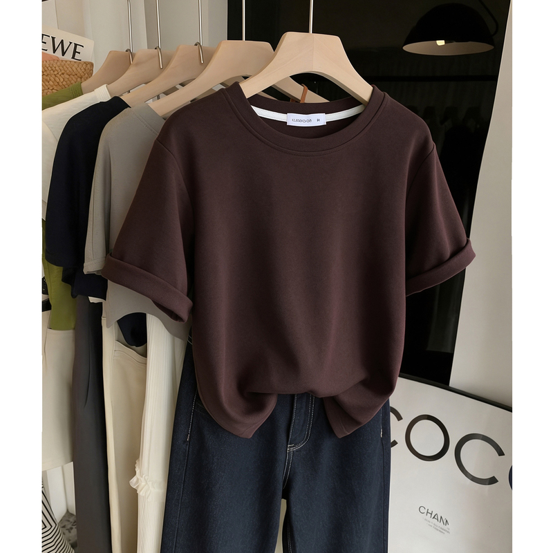 Autumn and Winter Warm Brushed Thickened Coffee-Colored Short-Sleeved Top for Women 2026 New Slimming Solid Color Round Neck Regular Shoulder T-Shirt Autumn and Winter Warm Brushed Thickened Coffee-Colored Short-Sleeved Top for Women 2026 New Slimming Solid Color Round Neck Regular Shoulder T-Shirt