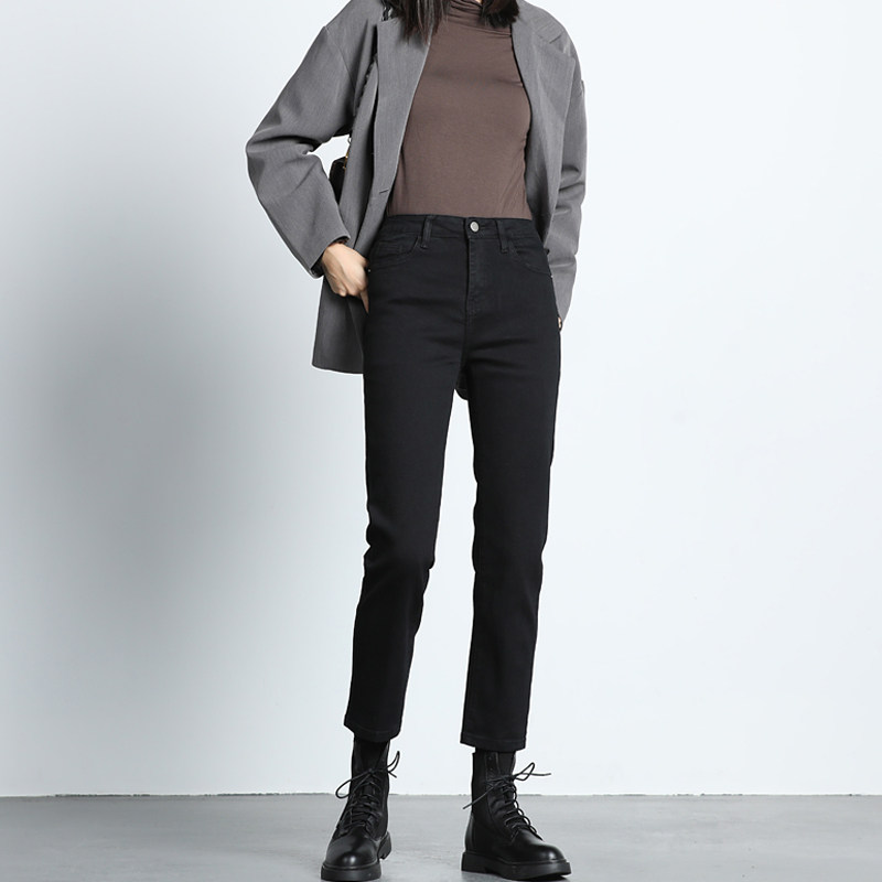 Black plus velvet straight jeans women spring and autumn 2021 New High waist thin eight points nine points pipe pants women autumn and winter