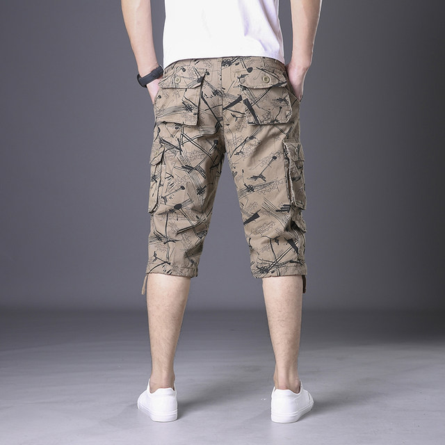 Cargo shorts men's summer style Korean trendy 7-points mid-pants casual sports camouflage pants loose straight cropped trousers