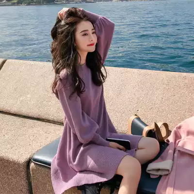 2020 Autumn and Winter new women's long version of long sleeve knee knitted dress early autumn a-shaped bottom sweater skirt