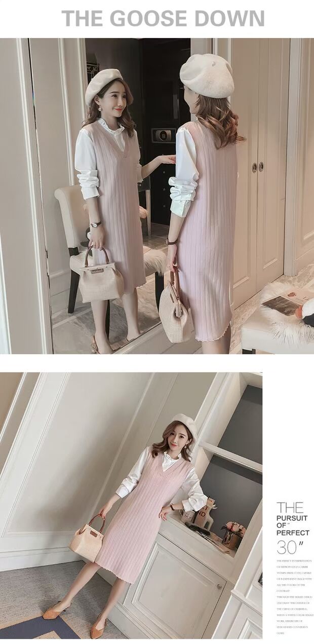 Bà bầu mùa thu 2018 phiên bản Hàn Quốc mới của áo dài cách điệu thời trang áo vest đan hai dây áo bầu công sở