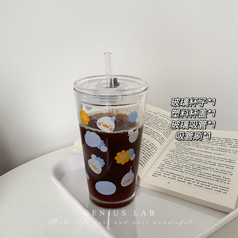 400ml large capacity ins student female net red cute with lid straw milk tea drinking water glass scale glass mug