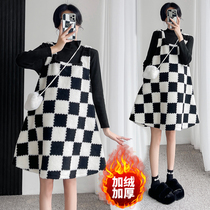 Radiation-proof maternity wear winter wear silver fiber bellyband fashionable velvet and thickened plaid dress during pregnancy