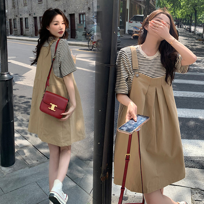 Radiation-Proof Maternity Wear, Summer Wear, Pregnancy Clothes, Silver Fiber Bellyband, Fashionable Striped Top, Suspender Skirt Set