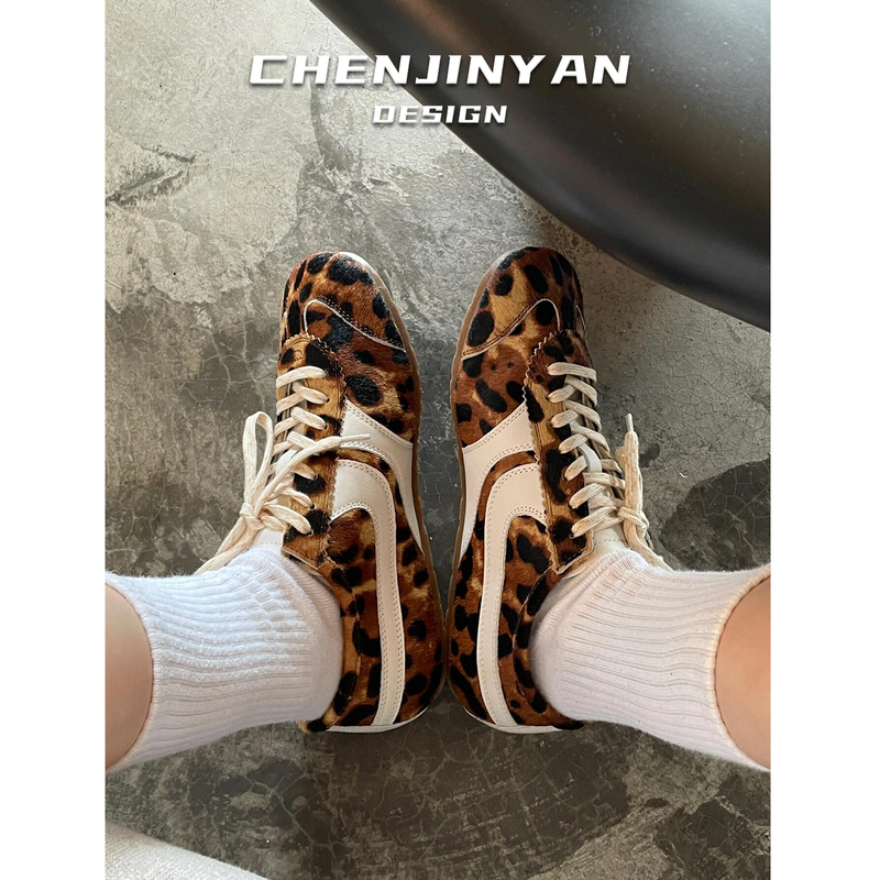 Horsehair Leopard Print German Training Shoes for Women, 2026 Spring and Autumn New Style, Height-Increasing Casual Sneakers, Versatile Retro Running Shoes