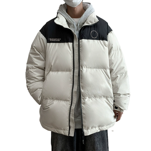 美式拼色立领羽绒服男款冬季加厚oversize潮牌保暖青少年外套大码