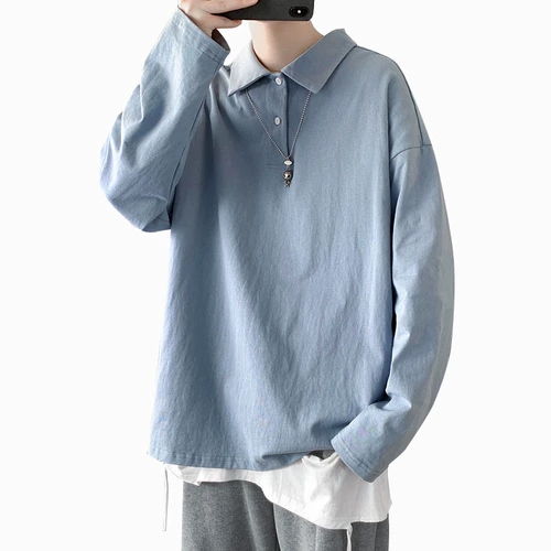 Футболка polo, мужской осенний демисезонный трендовый лонгслив, в корейском стиле, большой размер, свободный крой, оверсайз