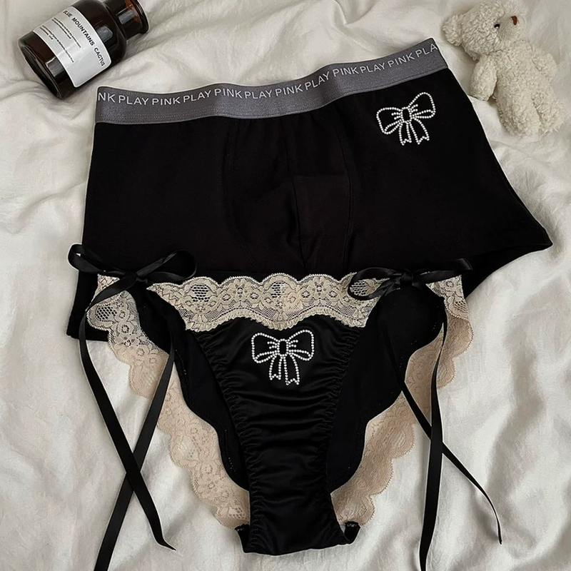 Victoria Lace-Up Couple's Underwear, Black, Sexy, Pure Cotton Crotch, Fun Lingerie for Couples, Easy to Open