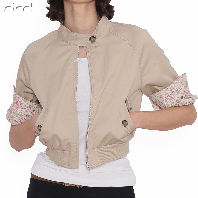 Rirri 26 Spring and Summer New Product, All-Cotton Floral Patchwork Khaki Short Three-Quarter Sleeve Zipper Jacket