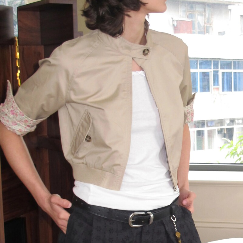 Rirri 26 Spring and Summer New Product, All-Cotton Floral Patchwork Khaki Short Three-Quarter Sleeve Zipper Jacket