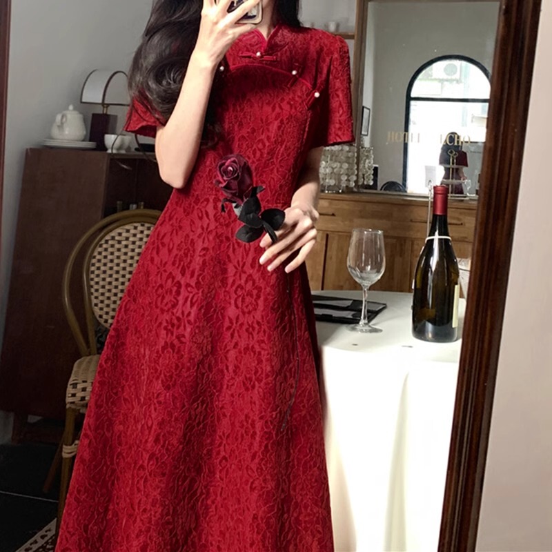 Plus-Size New Chinese-Style Engagement and Homecoming Toast Dress, Can Be Worn Casually, Slimming and Elegant, Red Dress for Women in Summer