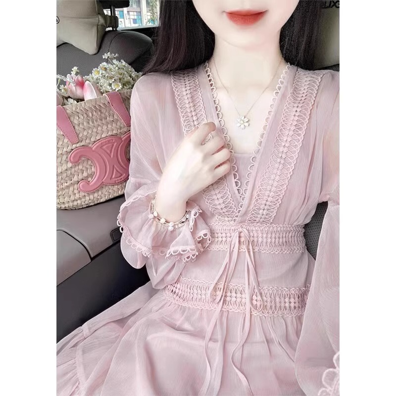French-Style Chiffon Long-Sleeved Dress for Women, Spring Plus Size, High-End, Slimming, Age-Reducing, Pink Fairy Dress