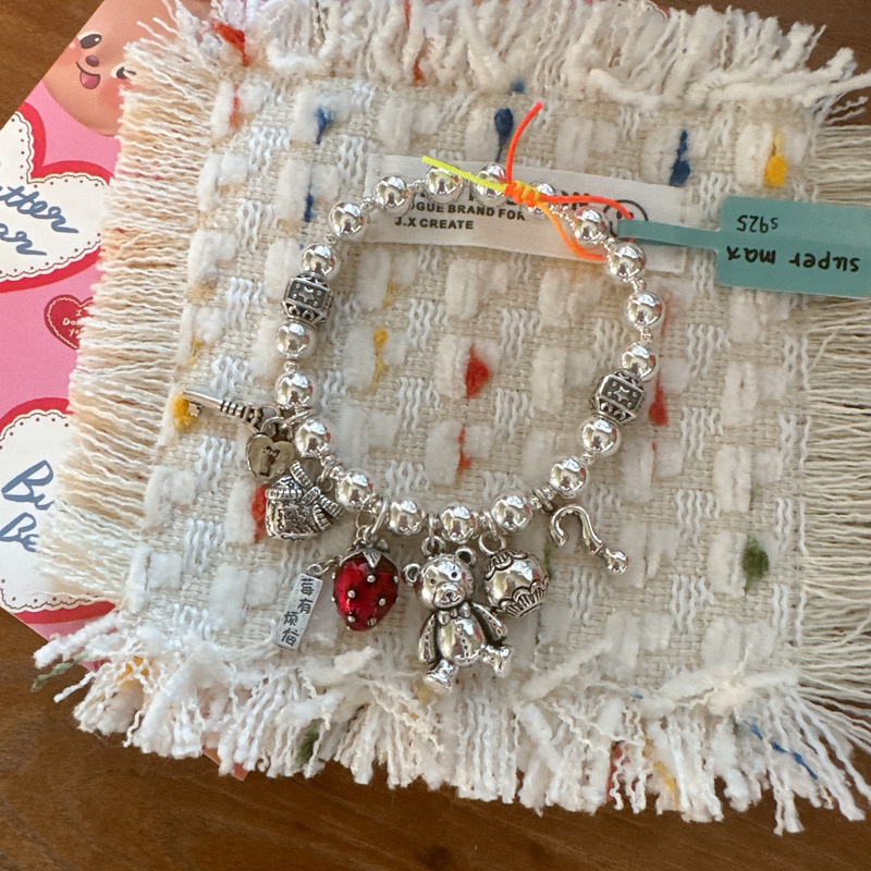 Niche Original Design 925 Sterling Silver Vintage Distressed Heavy-Duty Bear Graffiti Heart Letter Square Plate Silver Bead Bracelet