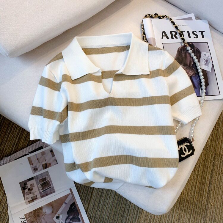 小个子短款条纹短袖t恤女夏2026新款韩版简约小众时尚Polo领上衣