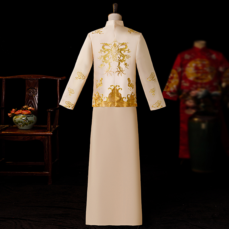 Men's suhe traditional wedding dress, 2022 collection, champagne color, dragon and phoenix Men's suhe traditional wedding dress, 2022 collection, champagne color, dragon and phoenix
