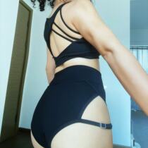 1996 Black tight high-waisted leg-showing long triangle shorts heels pole dance elastic high slit leggings