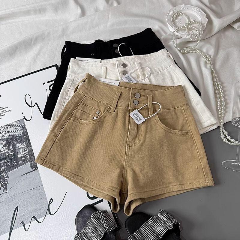 Khaki Denim Shorts for Women, Summer Thin Style, 2026 New Model, Slimming A-Line Double-Button Elastic Wide-Leg Hot Pants