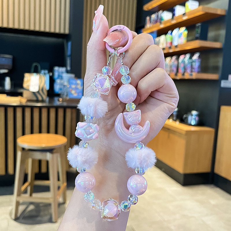 Creative Moon Cat Fur Ball Keychain Acrylic Beaded Women's Keychain Mobile Phone Case Bag Pendant Small Gift