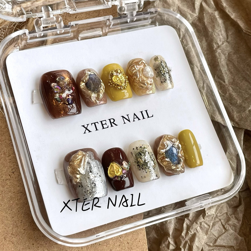 Autumn and Winter Retro Old Money Style Amber Heavy-Duty Wearable Nail Art Finished Product, Whitening Fake Nail Patches, Short Nail Art Pieces