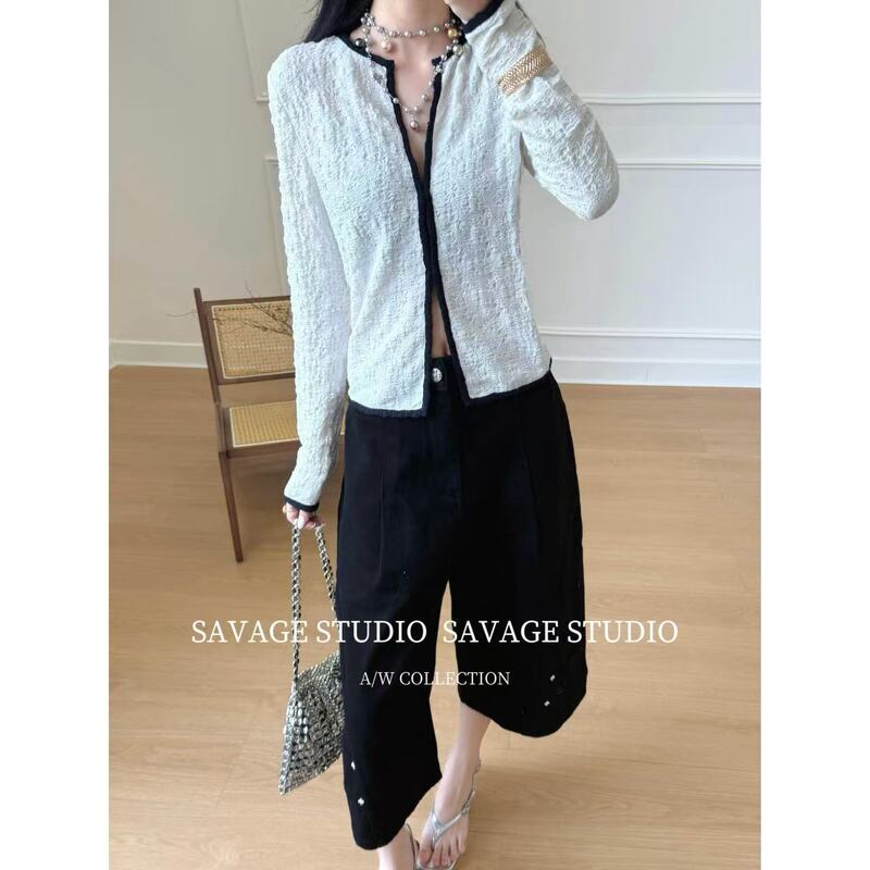 Savage Original Design Is Now Available! 26 Early Autumn New Simple French Cardigan for Women with Color-Block Design, Round Neck, Long Sleeve Top Savage Original Design Is Now Available! 26 Early Autumn New Simple French Cardigan for Women with Color-Block Design, Round Neck, Long Sleeve Top