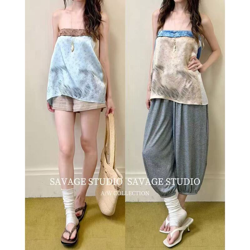 Savage Original Design! 26 Summer New Style Yigenana Same Style Ocean Print Color-Blocking Tube Top for Women
