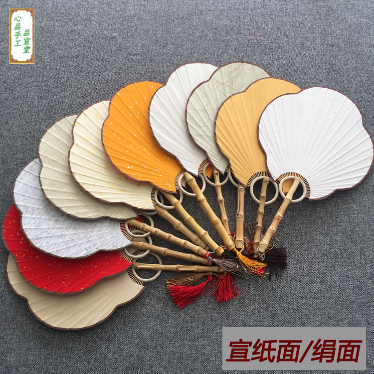 Classical Wind Handmade Old Bamboo Root Group Fan Blank bifacial hand painted semi-raw Xuan paper fan Haitang plantain-shaped silk noodles