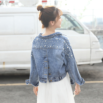 2022 Heavy Industry Beaded Short Denim Jacket Womens Korean Version Slit Jacket Versatile Bat Sleeve Loose Slim Top