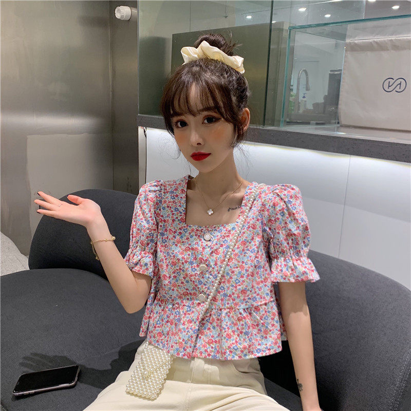 Small small fresh floral top Korean version of the new square collar lotus leaf edge French niche puff sleeve shirt female