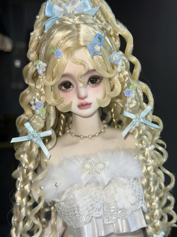 Bjd Doll Wig with High Ponytail, Sea Salt Blue Blonde Curly Hair, Half-Tied Hairstyle, Cute and Sweet Look