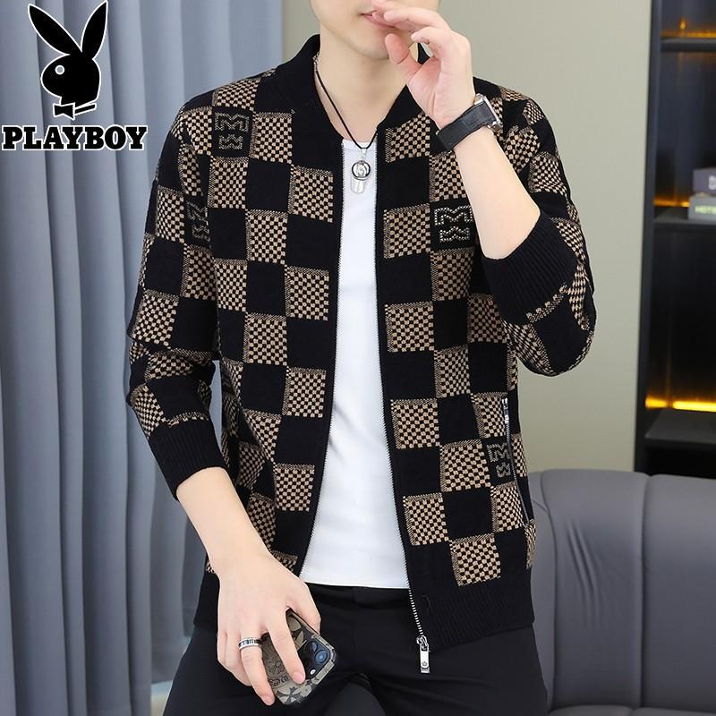 Playboy Jacket Men's Spring and Autumn Trendy Plaid Stand-Up Collar Jacket Casual Knitted Cardigan Baseball Collar Top
