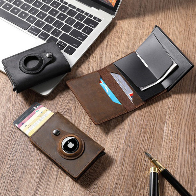 Leather aluminum box card case with locator automatic pop-up card case AirTag tracker card case unisex