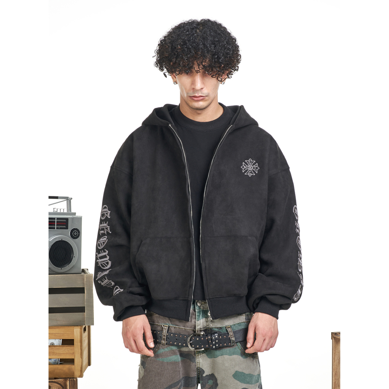 Mt99【American Retro Loose Suede Embroidered Jacket】Fashionable Hooded Zipper Couple Sweatshirt, Unisex Style Mt99【American Retro Loose Suede Embroidered Jacket】Fashionable Hooded Zipper Couple Sweatshirt, Unisex Style