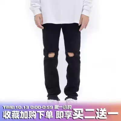 European and American High Street KANYE knee sabotage knife cut hole black slim pants foot zipper jeans men and women tide