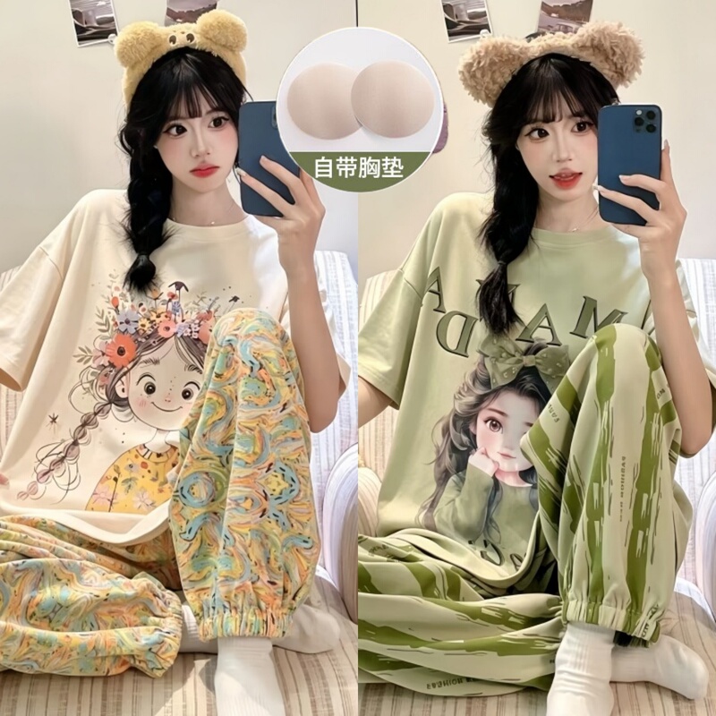 Pajamas with Breast Pads for Women, Summer Pure Cotton Short-Sleeved Trousers, Large Size, Cute Spring & Fall Home Clothes Set, No Need to Wear Bra