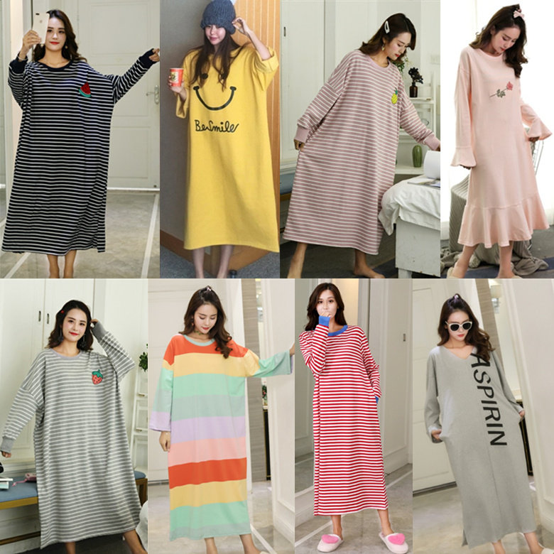 Nightdress, female, autumn and winter, long style, student, long sleeve, lapel, loose, plus size, sweet cotton, Korean pajamas, loungewear 