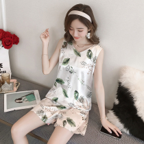 Sleepwear women Summer ice silk short sleeves Two sets of sweet and cute sleeveless sleeveless vest True silk Student Thin Family Clothes