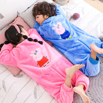 Autumn and Winter Childrens flannel pajamas boys and girls boys baby anti-kick thick coral velvet conjoined home uniforms
