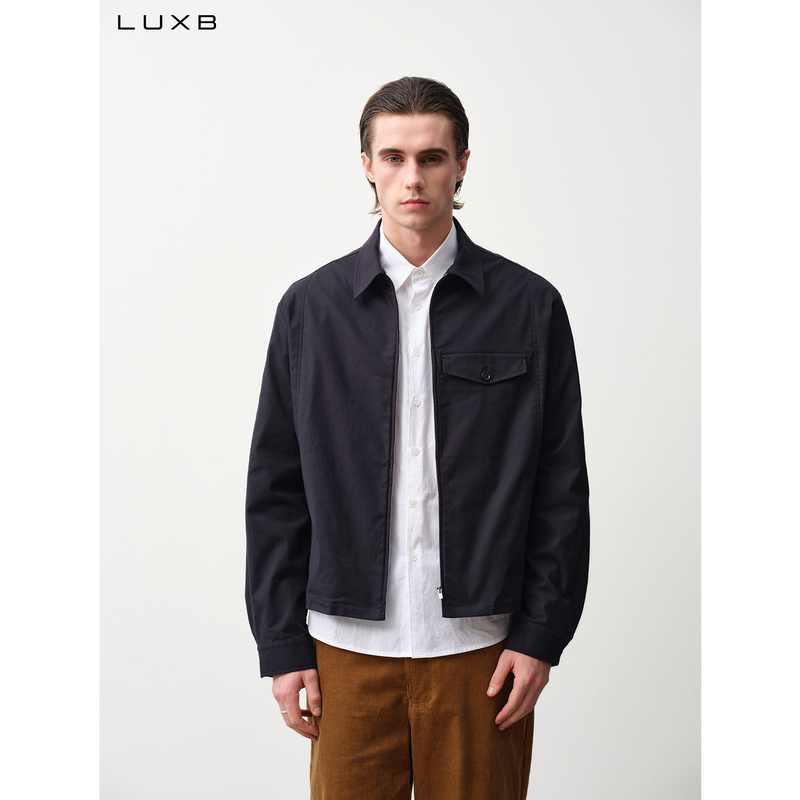 Luxb Men's Executive Navy Blue Structured Flap Collar Short Wide Casual Jacket Custom-Dyed Navy Blue Luxb Men's Executive Navy Blue Structured Flap Collar Short Wide Casual Jacket Custom-Dyed Navy Blue