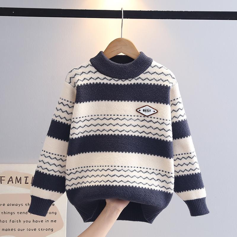 Children's Base Layer Clothing, Older Kids' Autumn and Winter Sweater, 2025 New Style, Boys' Striped Thickened Pullover Knitwear